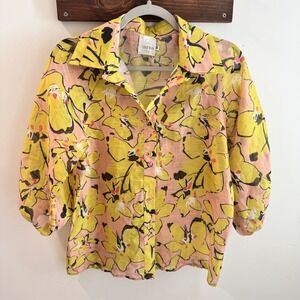 Koshka Paris Floral Button Down Blouse Yellow Pink Made in France Size 38
